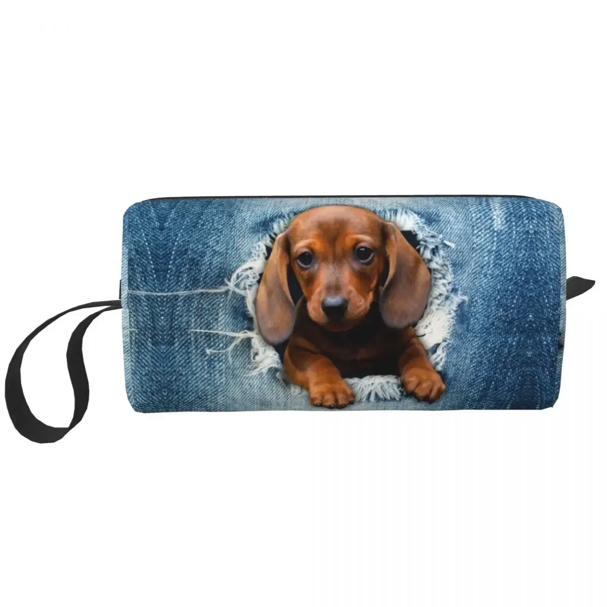 Custom Dachshund Dog Torn Jean Toiletry Bag Women Wiener Badger Sausage Dog Makeup Cosmetic Ladies Beauty Storage Dopp Kit Box