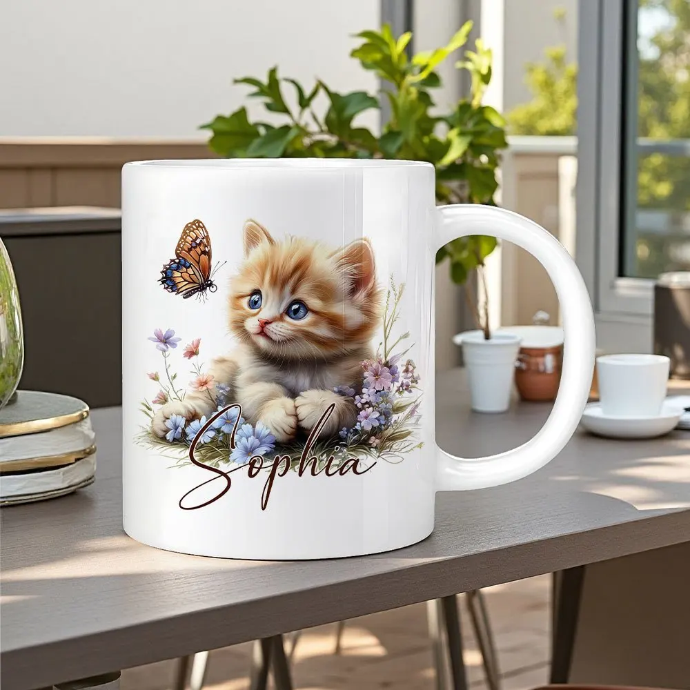 Personalized Ceramic Mug 4 Colors Available Blue Eye Orange White Kitten Flowers Monarch Butterfly Design Hot Cold Drink Coffee