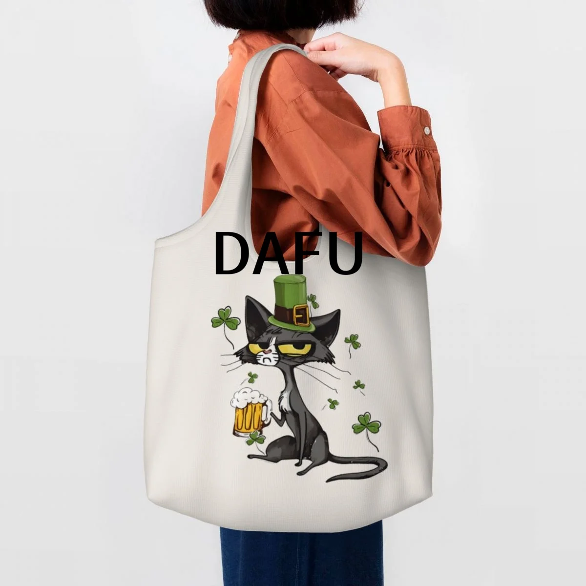 St. Paddy's Cat With Beer Large Capacity Canvas Tote Bag Single Shoulder Work Commute Bag For Women Eco-Friendly Shopping Bag
