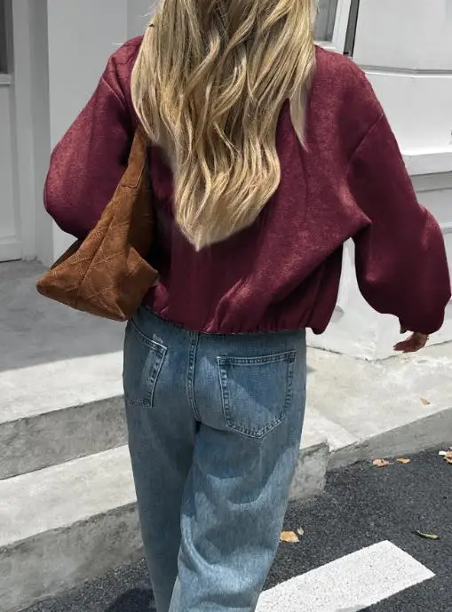 Autumn 2025 Casual High-End Texture Women's Long Sleeved Jacket Round Neck Solid Color Short Style Simple Zipper Front Jacket