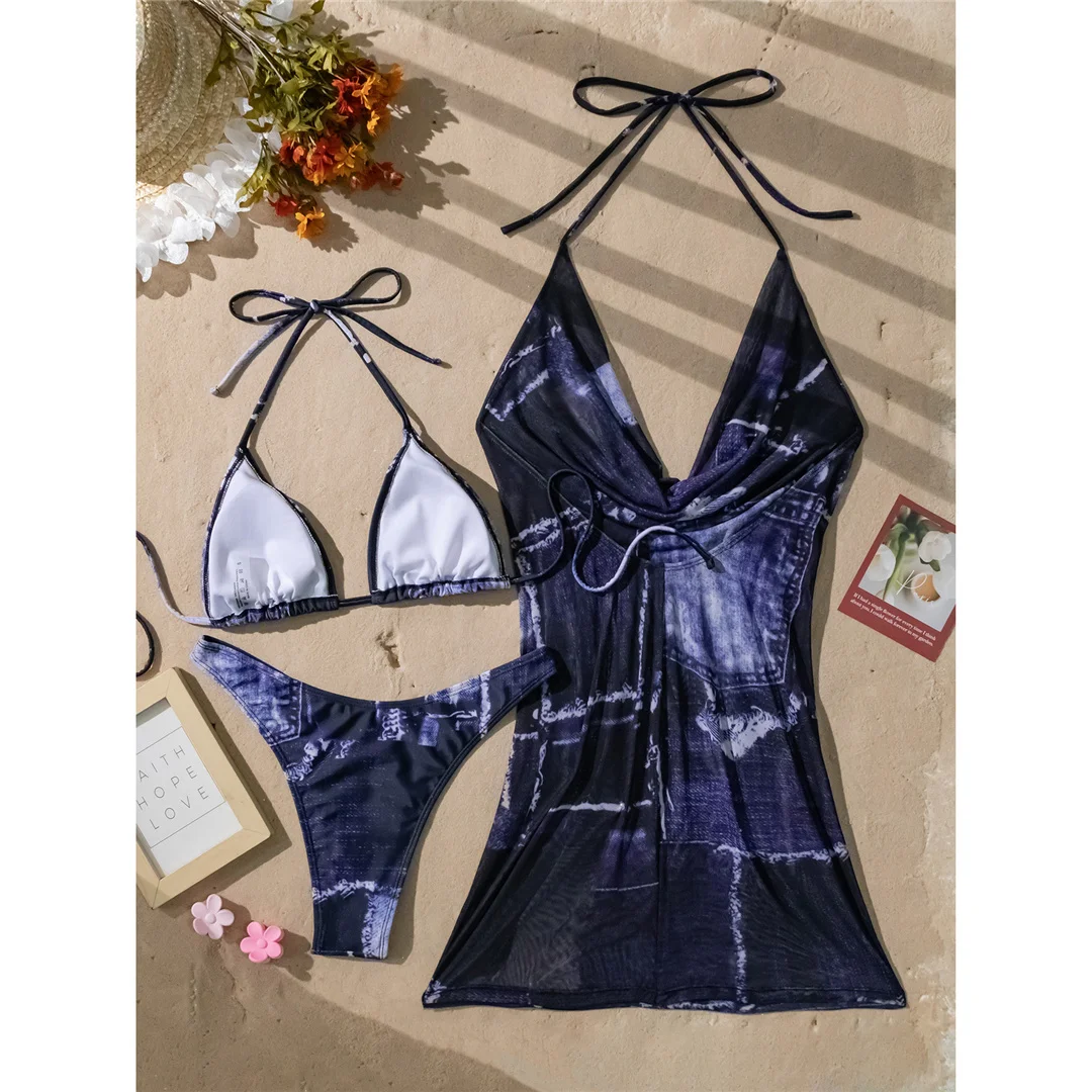 Mit Kleid, Neckholder, Jeansblau, Bikini, Damen-Badebekleidung, weiblicher Badeanzug, dreiteiliges Bikini-Set, gepolsterter Badeanzug, Badebekleidung, Badeanzug, V8020 – Detail 7