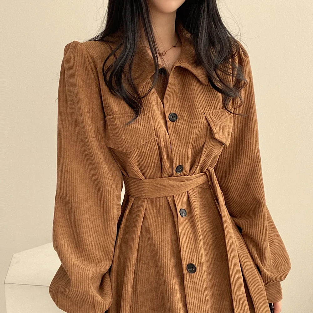 2025 Autumn and Winter New French Retro Mid-length Skirt Loose Temperament Strap Waist Corduroy Dress