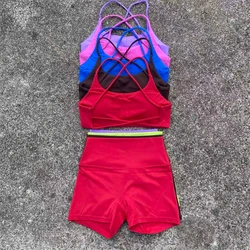 Yoga Shorts Set Women Gym Sports Set Workout Tracksuit 2 Piece Fitness Suit Cross Straps Bra High Waist Shorts Running Clothes