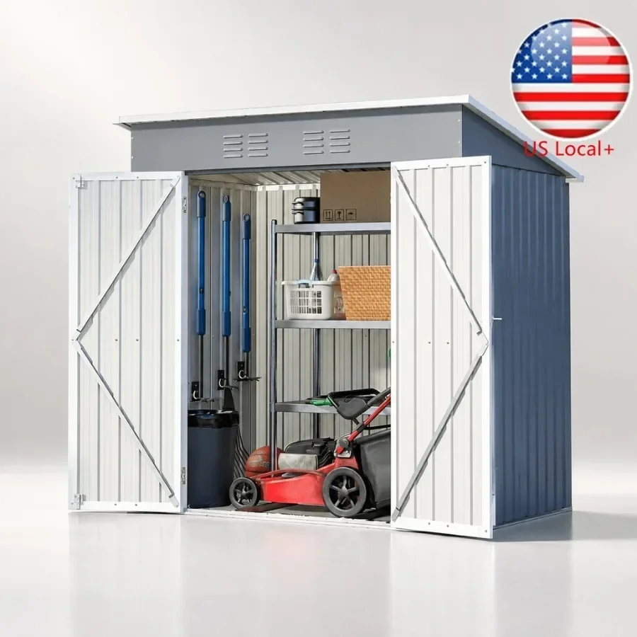 Outdoor storage shed for garden patio lawn use, galvanized steel construction, gray color, reinforced frame and floor structure