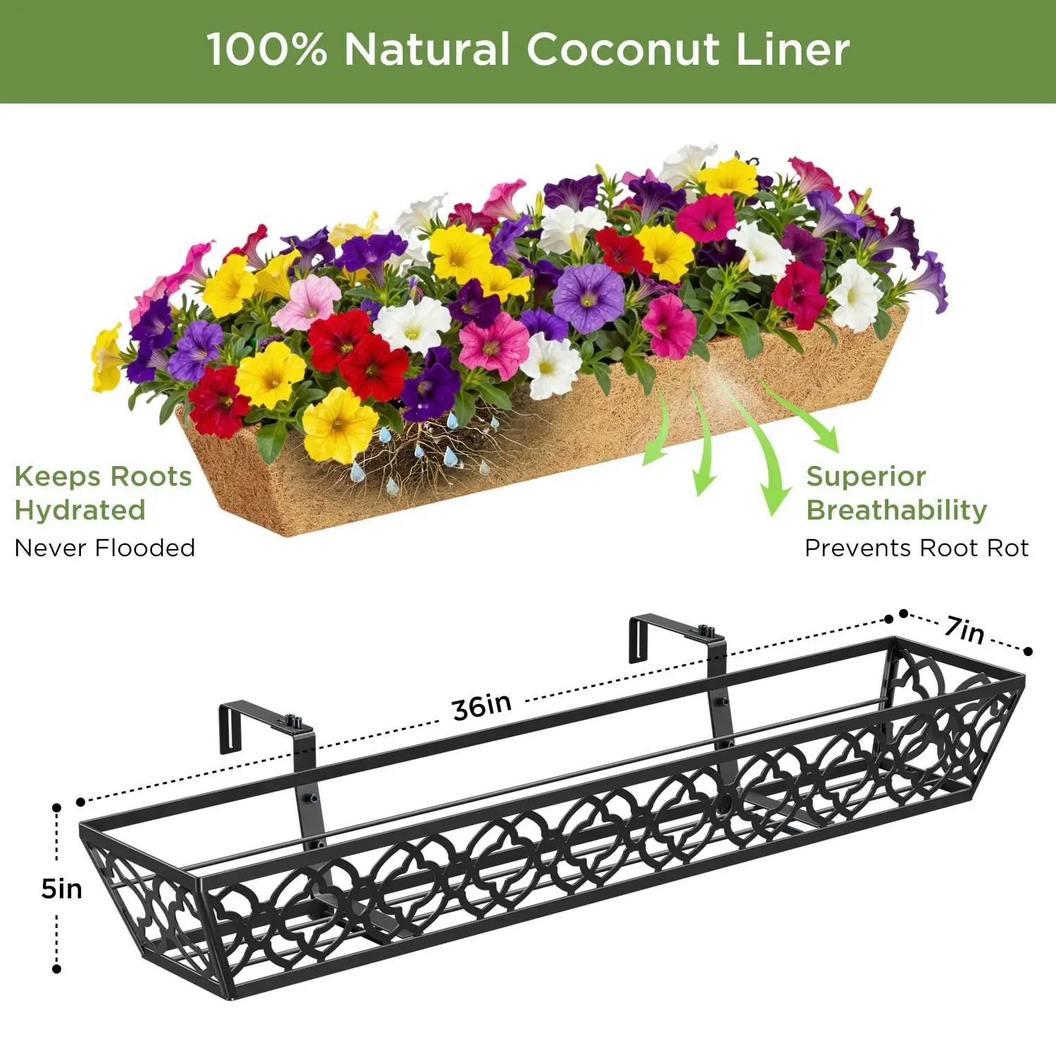 36'' Deck Railing Planter Set with Coco Coir Liner, Large 4 Pcs Metal Deck Railing Planter Window Boxes for Outdoor Balcony, Por