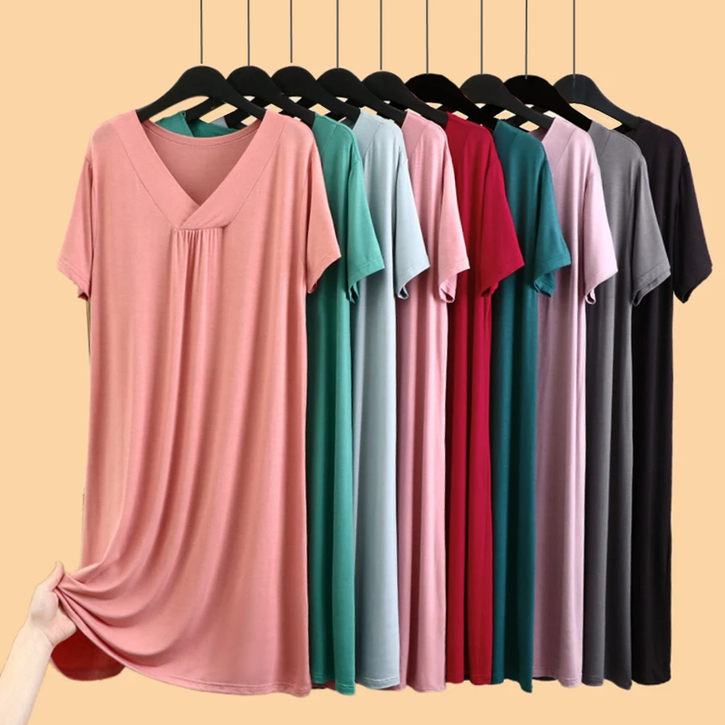 

Modal V-Neck Short Sleeve Sleep Dress Summer Thin Large Size Loose Midi Skirt Pure Color Home Sleepwear Bathing Dress
