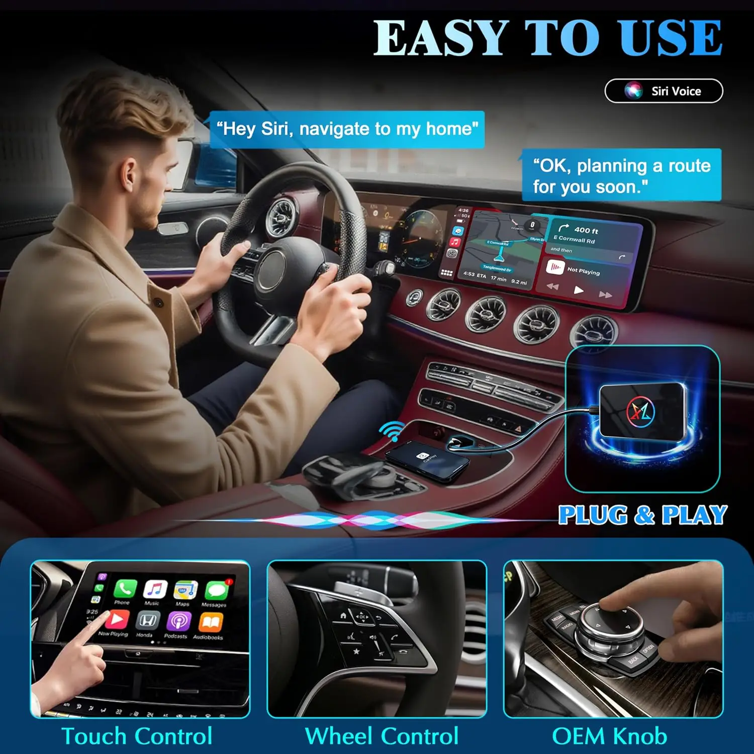 Adaptor CarPlay Nirkabel untuk iPhone, Kotak AI 3 in 1 Mendukung Apple CarPlay Kabel ke Nirkabel OEM, Android Auto·Penjualan Terlaris