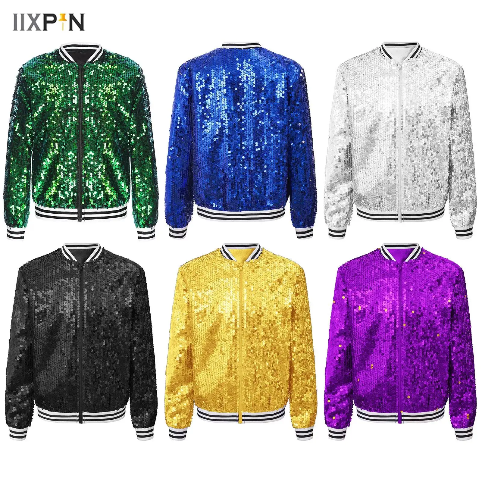 Ragazzi Ragazze Giacche da baseball Cappotto Primavera Autunno Moda Paillettes Manica lunga Cerniera Capispalla Street Dancing Party Bomber Jackets