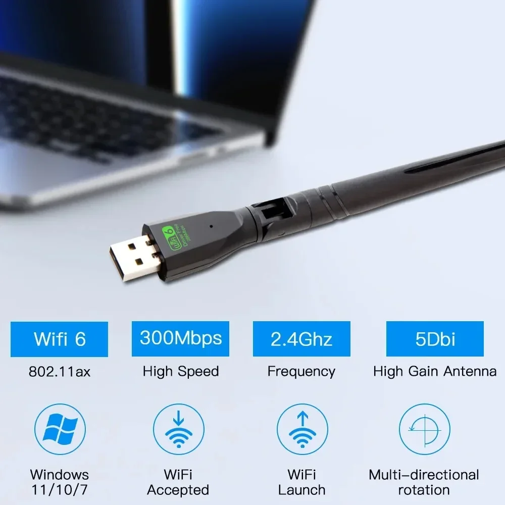 Adaptateur USB 300Mbps WiFi6, carte réseau 2.4 mesurz, antenne, dongle USB, stérilisation 11ax, récepteur WiFi sans fil pour PC, ordinateur portable, pilote gratuit