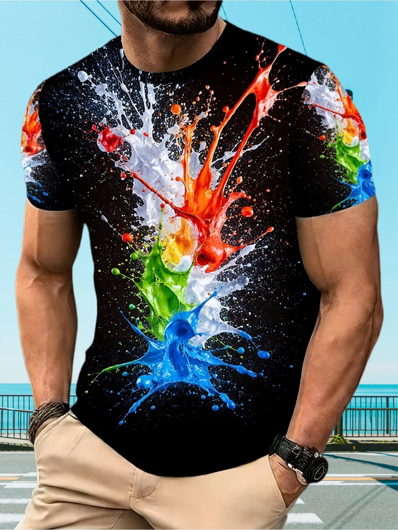 Herren-T-Shirt mit buntem Farbspritzer-Print, schnell trocknend, leicht, locker, kurzärmelig, Rundhalsausschnitt, für Outdoor, Straßensport, Freizeit-Oberteil – Detail 3