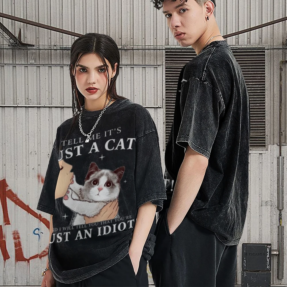 

Harajuku Distress O-Neck Clothes Cat Prints Sport Trendy Clothes Cotton Loose Short Sleeve Washed Hip Hop T-shirts Streetwear