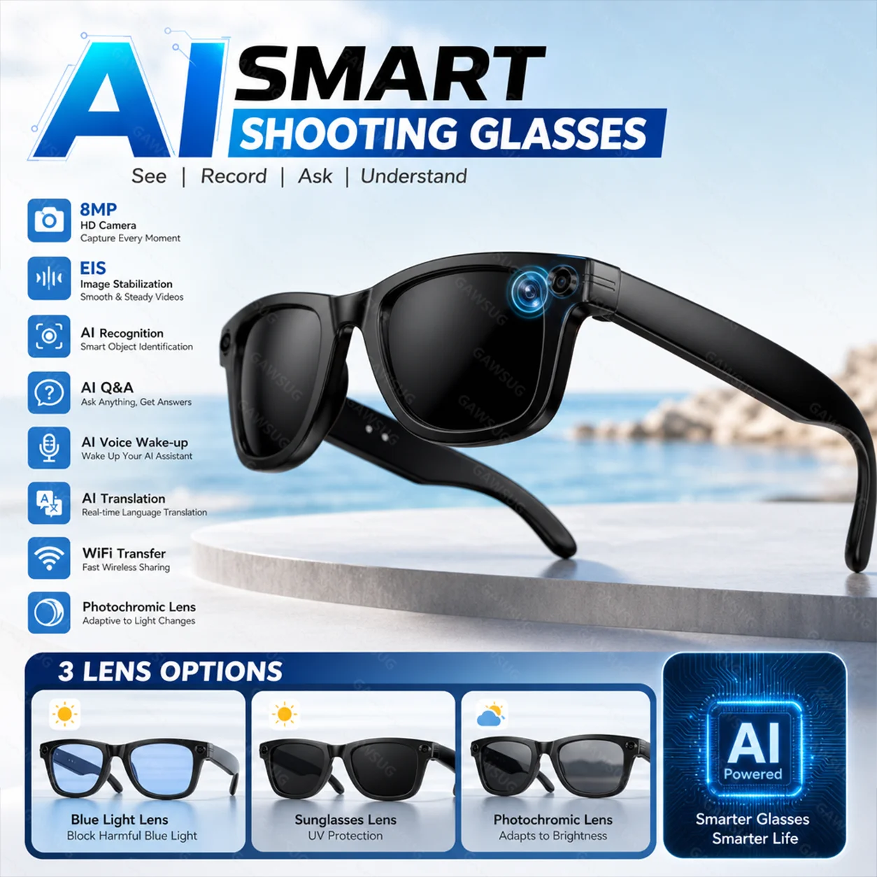 32MP Camera AI Smart Glasses Anti-Shake Video Object Recognition Translation Bluetooth Call IP66 Waterproof 35g Audio Eyewear