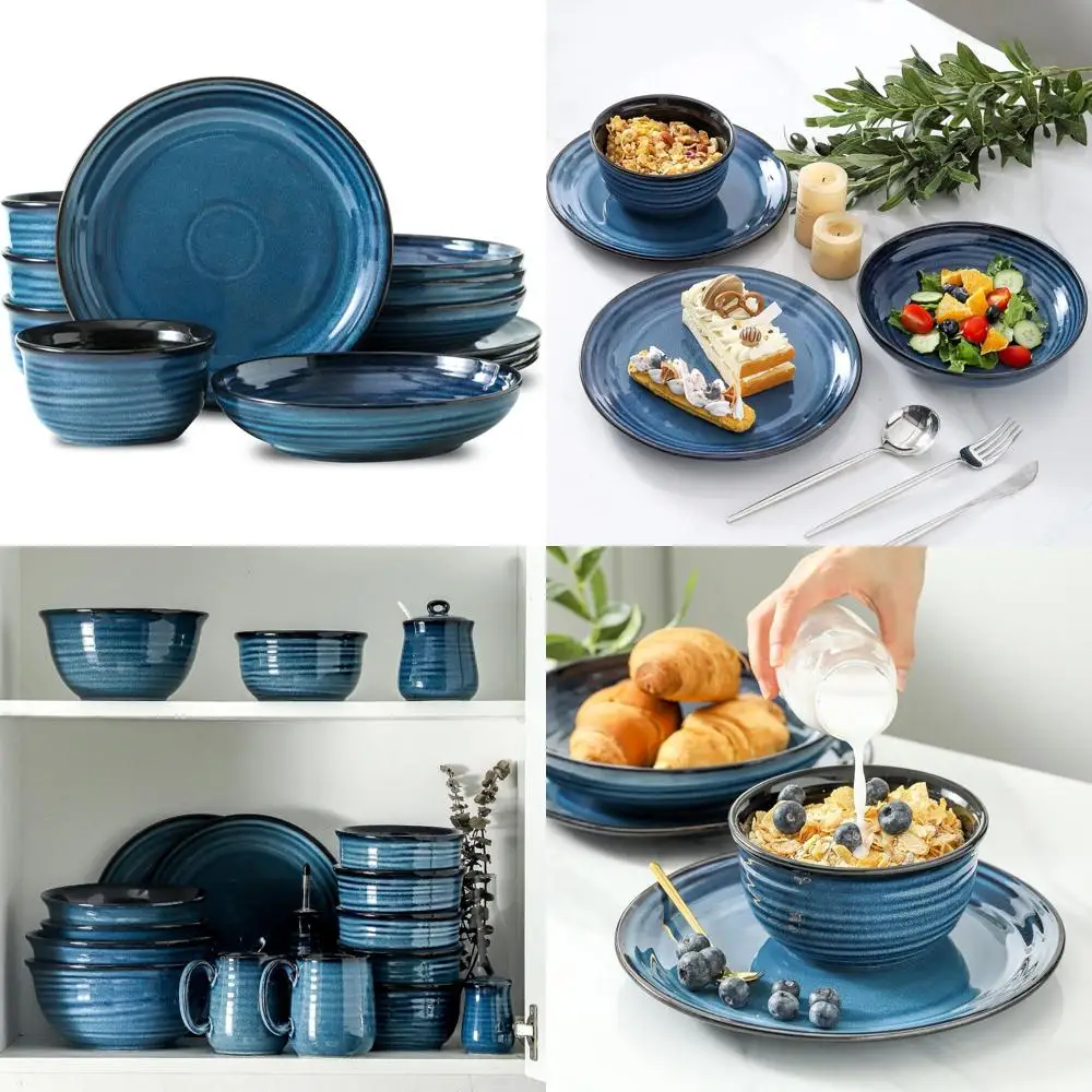 

Набор столовой посуды ручной работы из 12 предметов с реактивной глазурью: 4 тарелки, 4 миски для макарон, 4 миски синего цвета с устойчивой к сколам отделкой