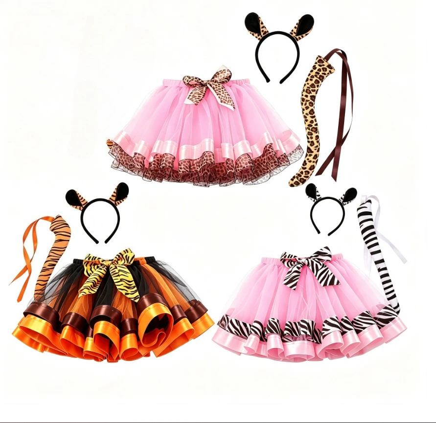 Girl Cartoon Animal Series Double Layer Tutu Skirt With Accessories Halloween Birthday Party Role Play Stage Performance Outfit