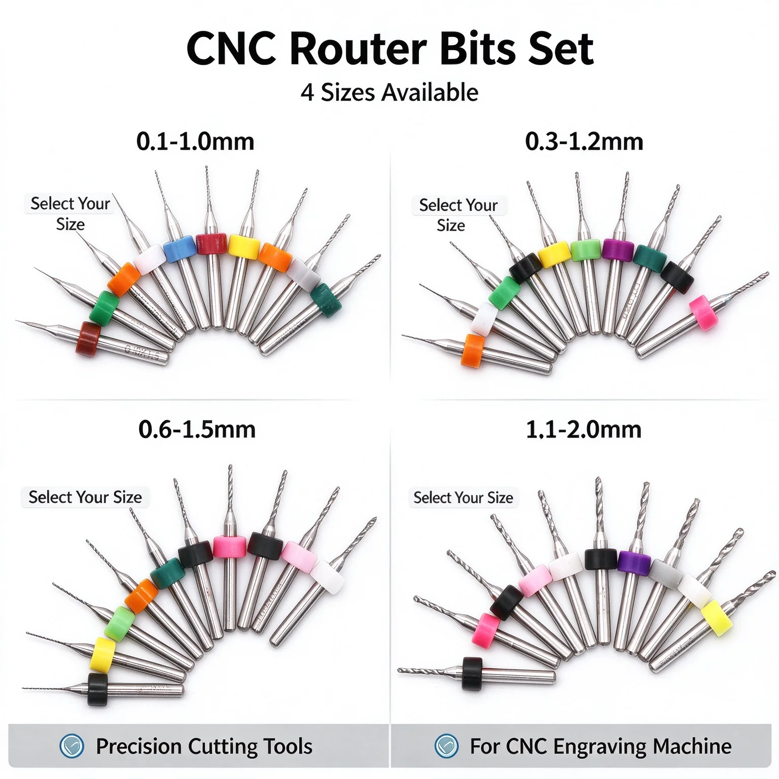 10pcs PCB Drill Bits CNC Router Wood Carving Machine Tool Kit 0.1-1.0mm/0.3-1.2mm/0.6-1.5mm/1.1-2.0mm Tungsten Carbide CNC Tools