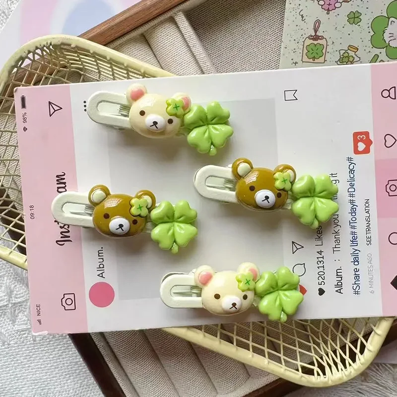 

Cute Cartoon Four Leaf Clover Rilakkuma Hairpin Mini Sweet Bangs Side Clip Student Fashion Headwear Hair Accessory Friend Gift