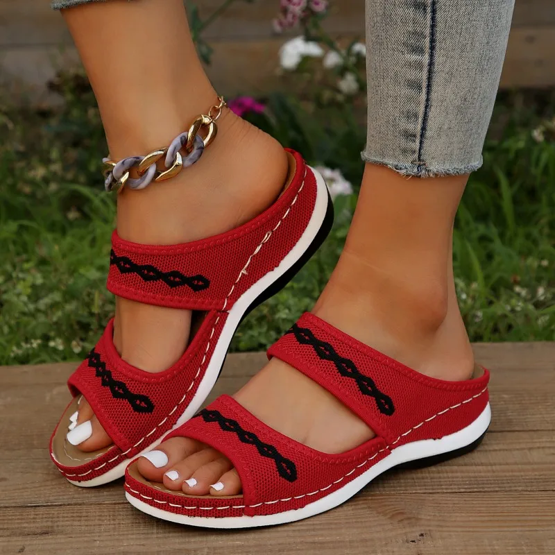 

New Hot Summer Women Fashion Elegant Low Heel Slippers Zapatos De Mujer Woman Wedge Heeled Knitting Sandals Ladies Outdoor Shoes