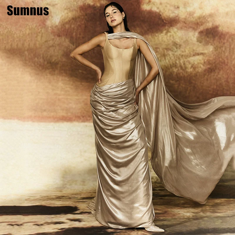 

Sumnus Elegant Mermaid Evening Dress Pleats Sleeveless Maxi Formal Dresses With Cape Gala فساتين سهرات Customized