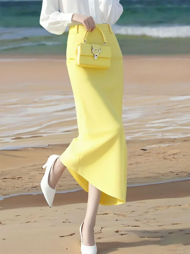 ใหม่แฟชั่นฤดูร้อนกระโปรงผู้หญิง High End Slim Office Lady A-Line สีทึบเอวสูง Midi กระโปรงผู้หญิงเสื้อผ้า Jupe