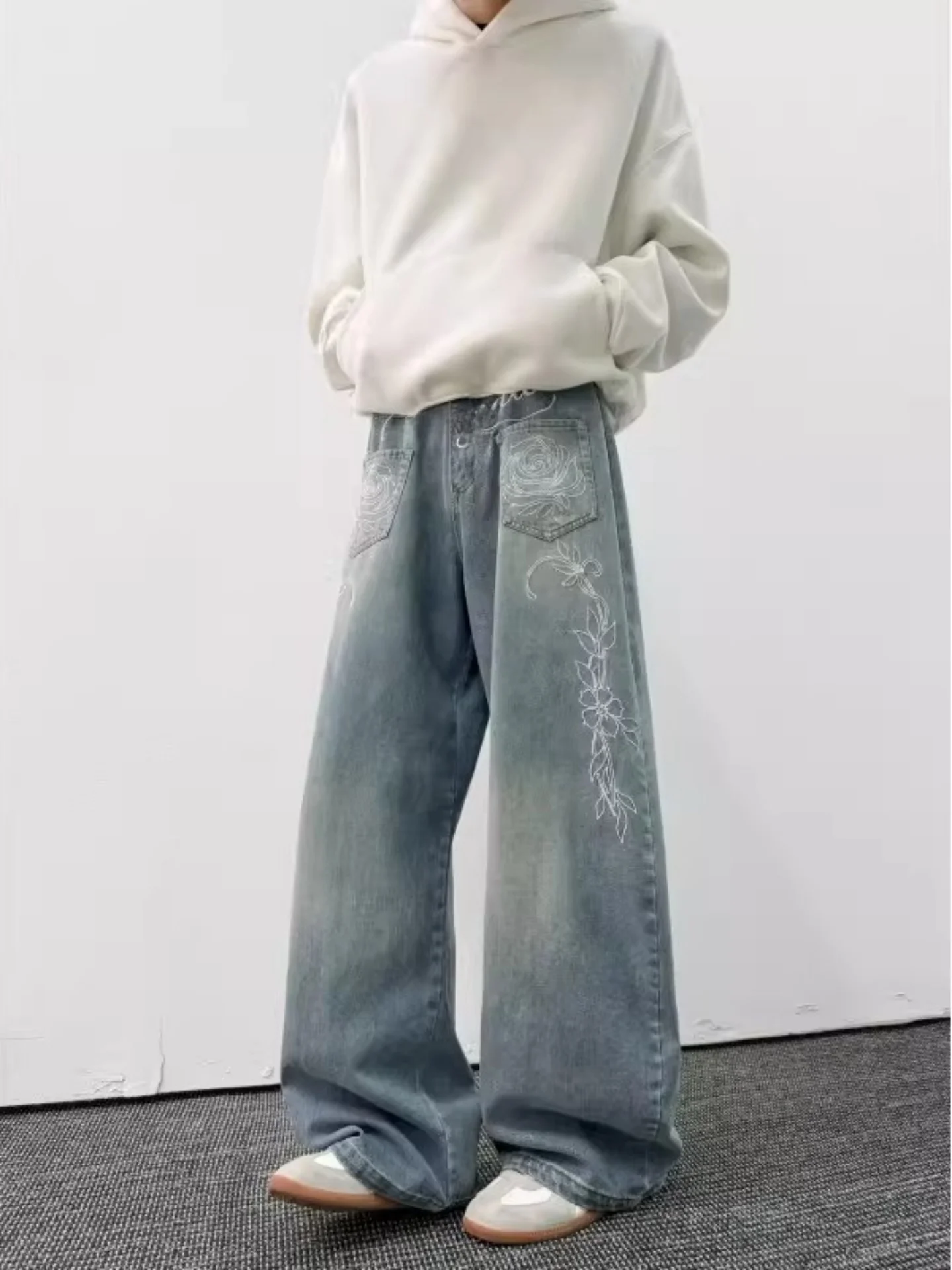 

Мужские джинсы American Sle с двойной талией, повседневные свободные леггинсы из плотного комфортного хлопкового денима с вышивкой