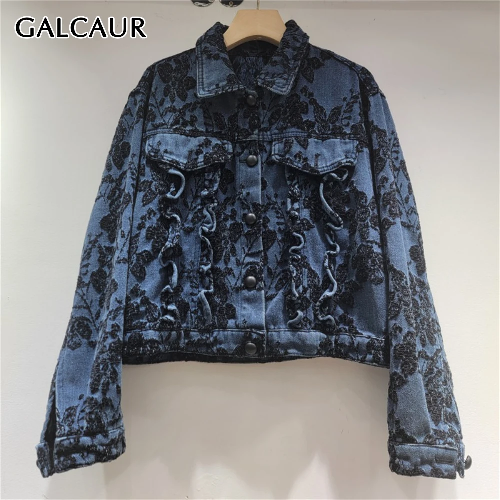 

GALCAUR синяя шикарная куртка с принтом, женская свободная куртка с лацканами и длинными рукавами в стиле ретро, женские куртки, осенний стиль, модная новинка