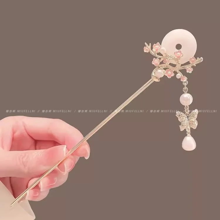 Cherry-blossom Hair Stick Forks Traditional Metal Tassel Pearl Hairpin New Chinese Hanfu Hair Accessories Retro Girls Hair Clasp
