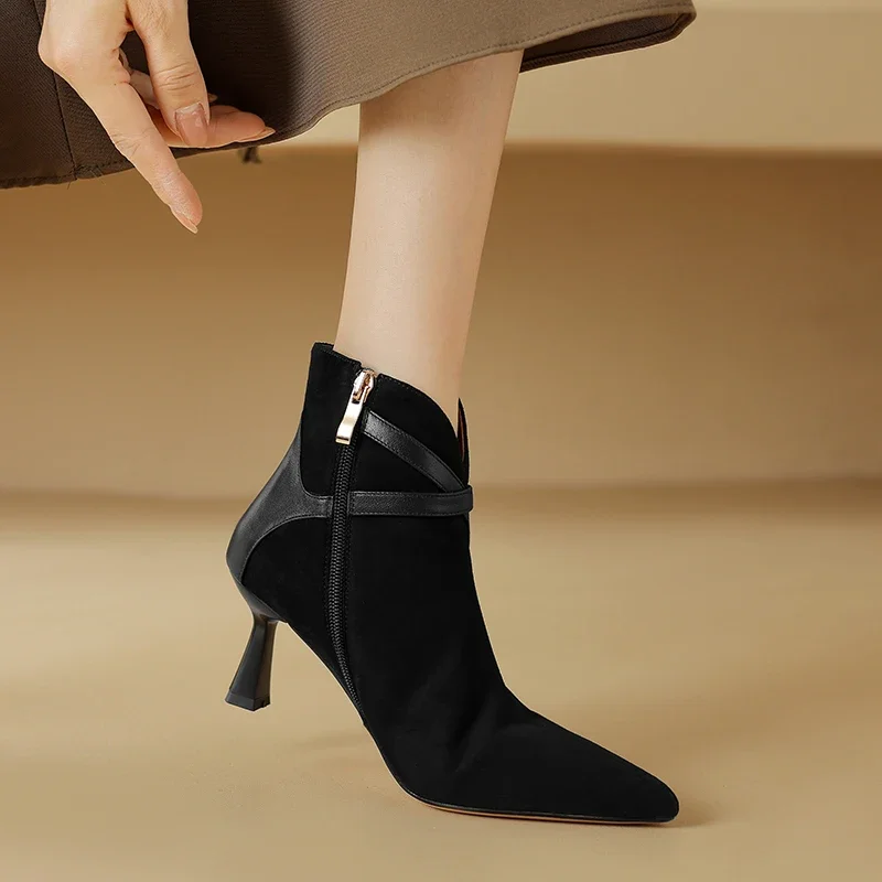 NEW Autumn/Winter Women Boots Sheep Suede Leather Shoes Women Pointed Toe Thin Heel Shoes Zip Ankle Boots Elegant Modern Boots