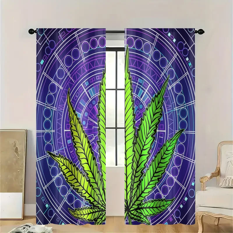 Abstract Cosmic Chakra Leaf Pattern Curtains Window Dressing Panel Purple Green Psychedelic Cannabis Home Accent Curtain