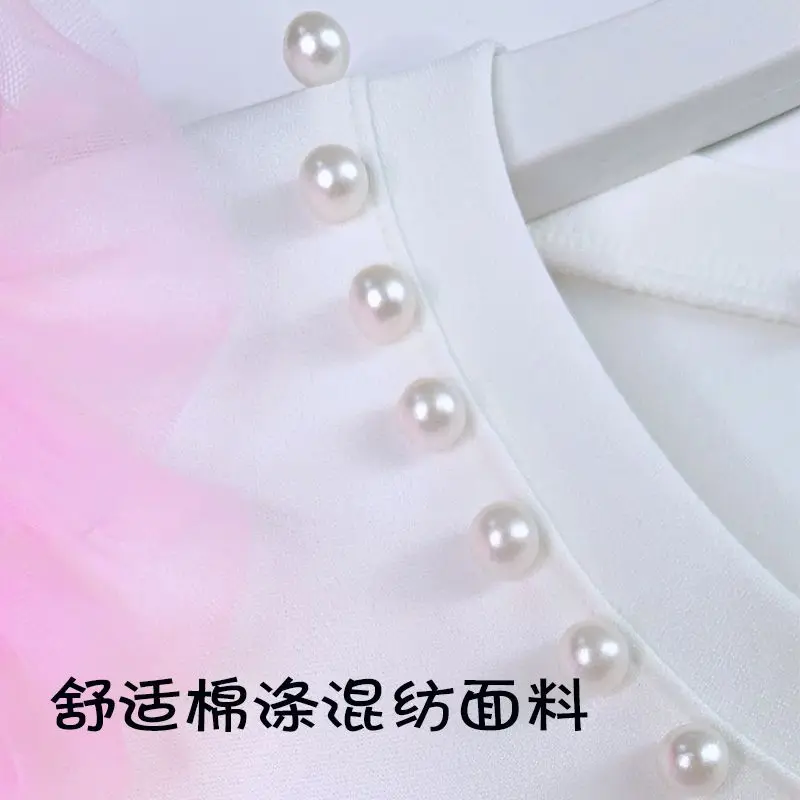 女性ピンクパープルコントラストカラーレーススプライシングフリルエッジ Tシャツメッシュパッチワーク蓮真珠ビーズ Tシャツガーゼプリーツドレス