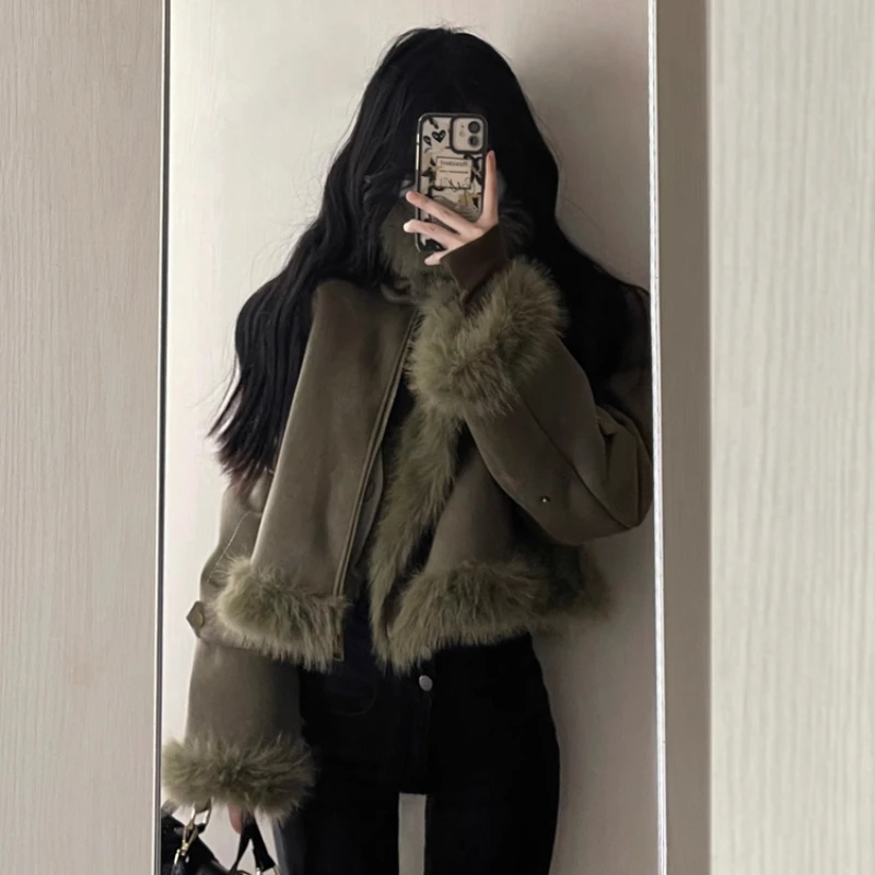 Jacket Women\'s Stitching Short Leather and Fur Suede Thickened Green Lapel Long Sleeve Loose Autumn Winter High-Grade Clothing