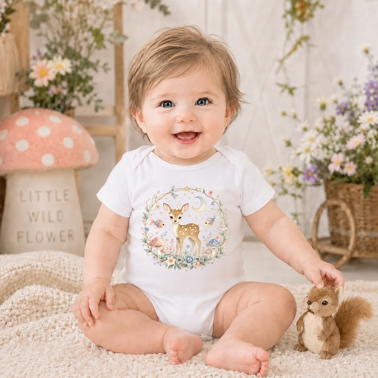 Woodland Fawn Deer Baby Bodysuit Watercolor Moon Flower Wreath Print Newborn Short Sleeve Romper Infant Boys Girls Cotton Onesie