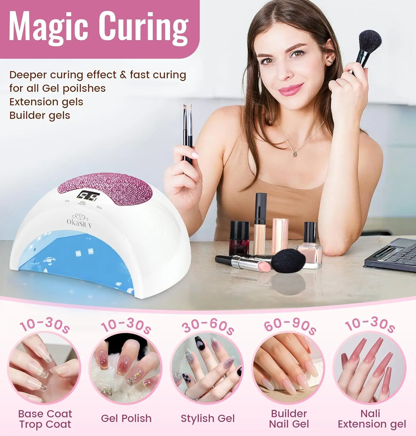 مصباح أظافر LED بالأشعة فوق البنفسجية قابل لإعادة الشحن مع تحكم باللمس الماسي، 3 إعدادات للمؤقت، معالجة سريعة لطلاء الجل، محمول وصغير الحجم