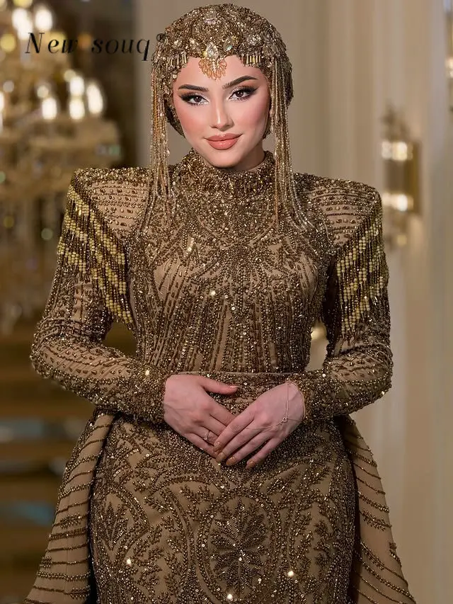 فساتين سهرة أنيقة بنية مكونة من قطعتين حورية البحر دبي رسمية إسلامية بأكمام طويلة للنساء رداء حفلات الزفاف مخصص 2025