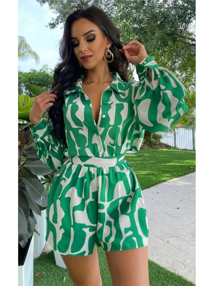 Bohemian Casual Beach Holiday Loose Shirt Short Sets Geometric Print Two Piece Set For Women Summer Outfits For Women 2024