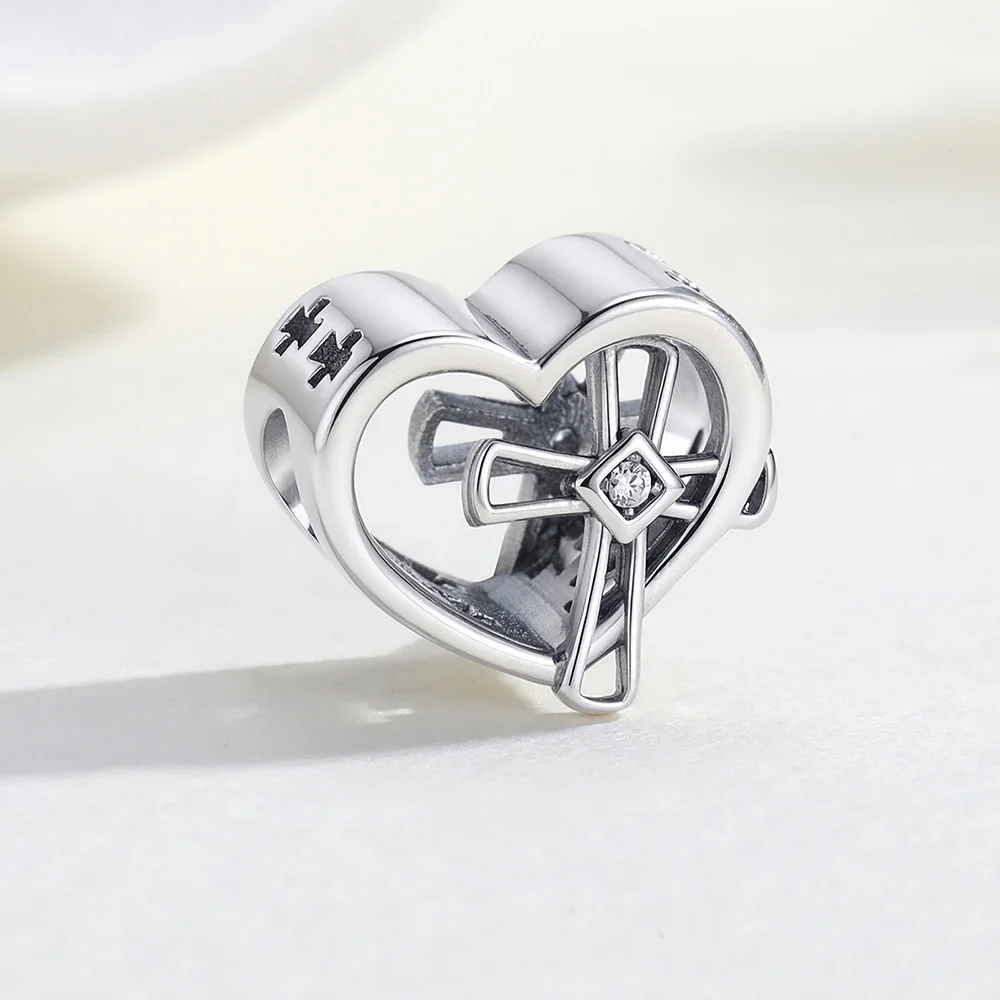 925 Sterling Silver Hollow Heart Cross Charms Clear Faith Love Bead Fit Original Bracelet Mother's Day Jewelry Gifts For Woman