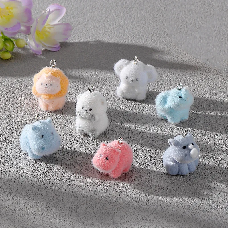 

20pcs Cute flocked resin Doll Charms Plush animal elephants lions pendant For diy Crafts jewelry Necklace keychain make fittings