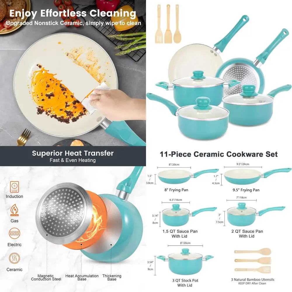 

11-Piece Nonstick Induction Cookware Set with Ceramic Coating, Cool-Touch Handles, and Bamboo Utensils, Turquoise, 100% PFOA-Fre
