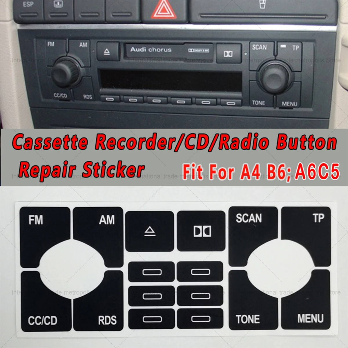 A Set Audio Button Repair Decals Stickers Fit for Audi A4 B6, A6 C5 CD Cassette Recorder Radio