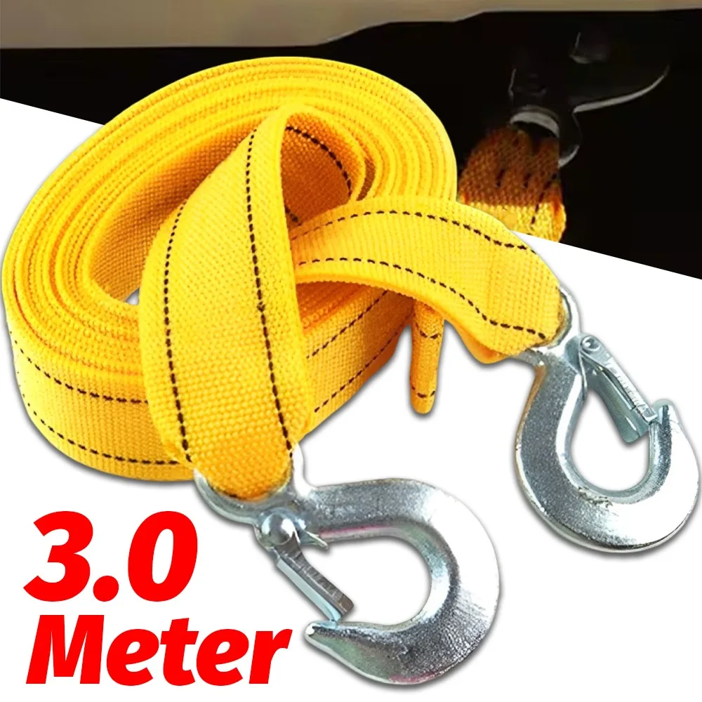 حبل سحب السيارة من النايلون عالي التحمل 3 أمتار 3 طن قدرة تحمل عالية الوضوح مقطورة صفراء حزام سحب للطوارئ