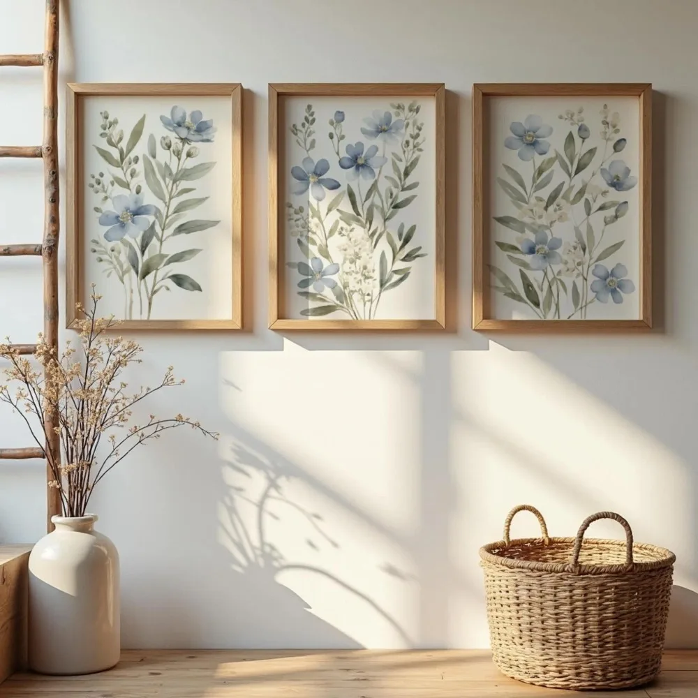 Frameless Blue Wildflower Watercolor Printing,Plant Wall Art,Digital Download,Flower Printing,Living Room Kitchen Wall Art Decor