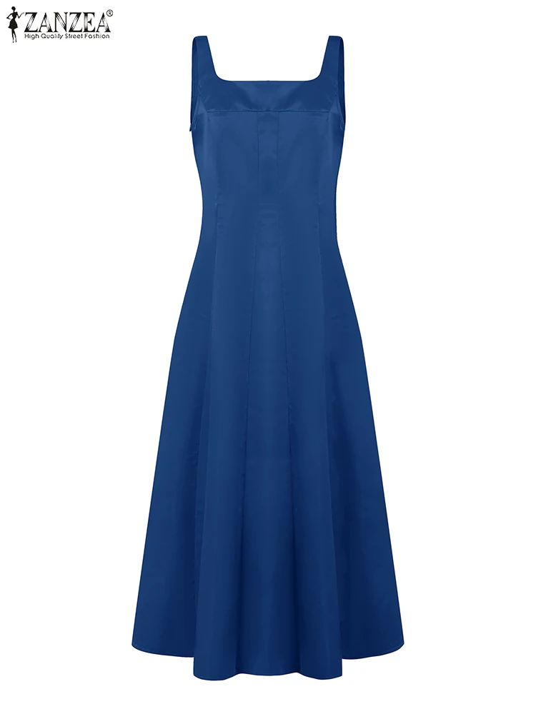 

ZANZEA Summer Sleeveless A-line Midi Dresses Elegant Square Neck Fashion Seamed Party Sundress Satin Woman V-Back Robes Femme