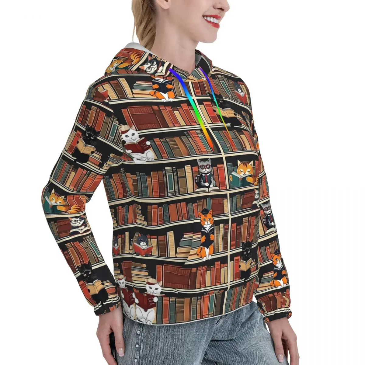 Library Cat Art Casual Hoodies ผู้หญิงแมวและหนังสือ y2k น่ารัก Hoodie ฤดูใบไม้ผลิ Street แฟชั่นการออกแบบเสื้อขนาดใหญ่ Top
