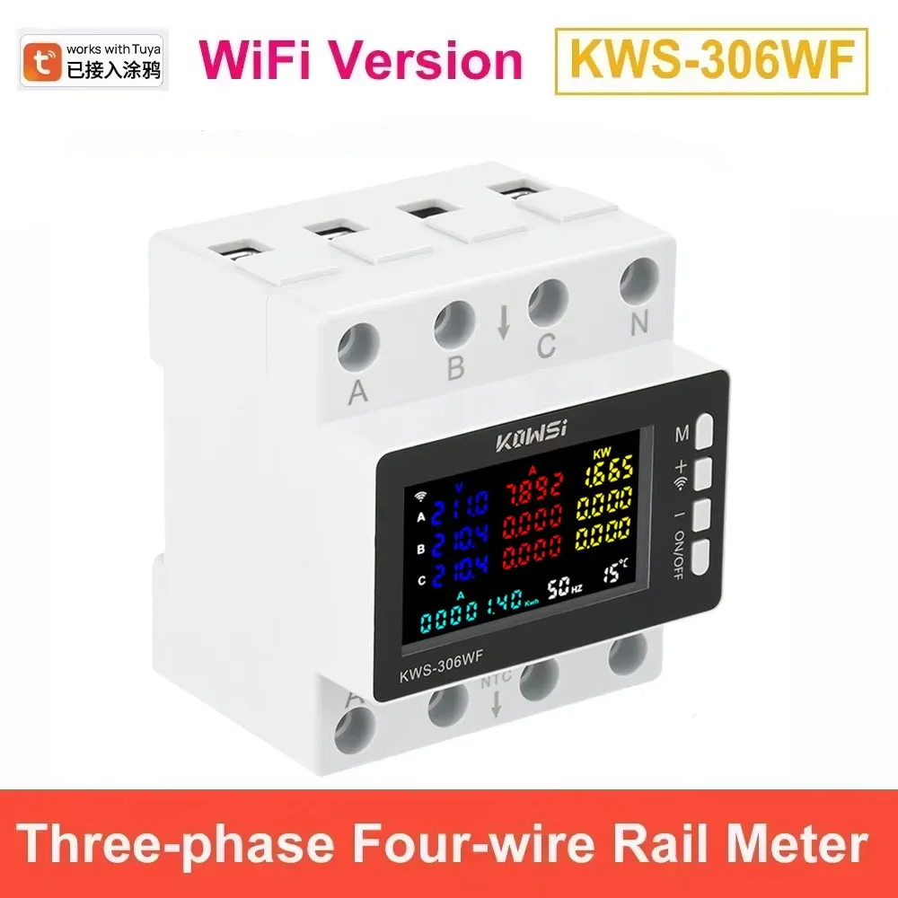 Tuya WiFi Power Meter Three Phase Four Wire Rail Energy Monitor 80A DIN Rail kWh Meter LCD Color Screen Phone APP Remote Control