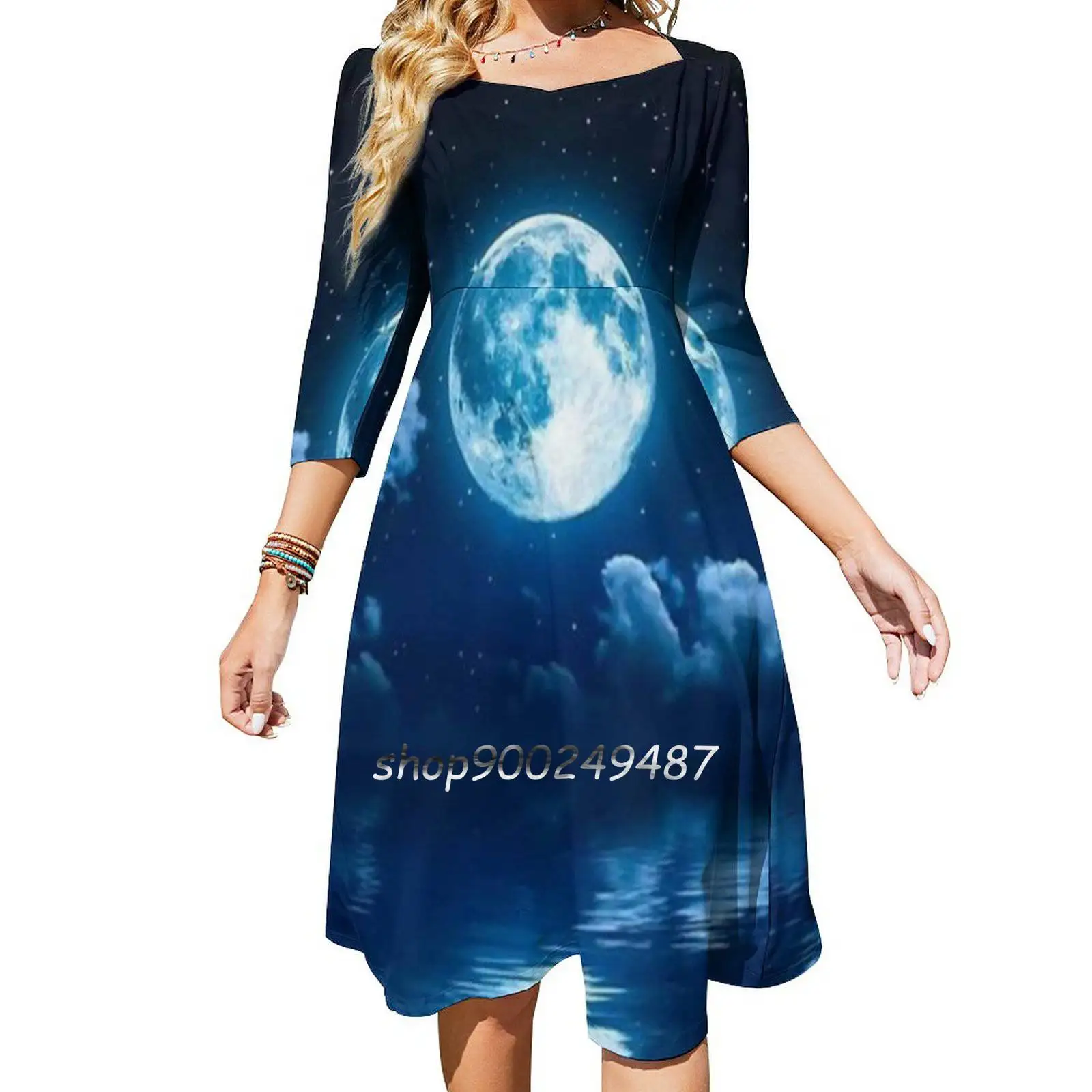 Full Moon Reflection Square Neck Dress New Plus Size Elegant Women Waist Tight Dress Lunar Full Moon Moon Phases Moonlight Moon