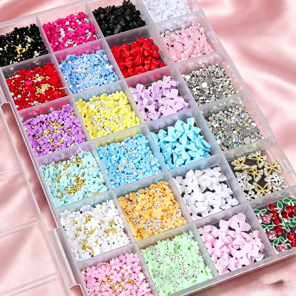 12/24 Gitter 3D Bunte Blumen-Schleifen-Nagelanhänger, gemischte Edelsteine, Perlen, Legierung, Schmetterlinge, Kirschen, Nageldekorationen, DIY-Maniküre-Teile – Detail 6