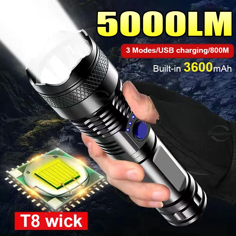 5000LM Super USB Rechargeable Flashlight Ultra Powerful Tactical Torch Zoomable Strong Lamp Waterproof Emergency Camping Fishing