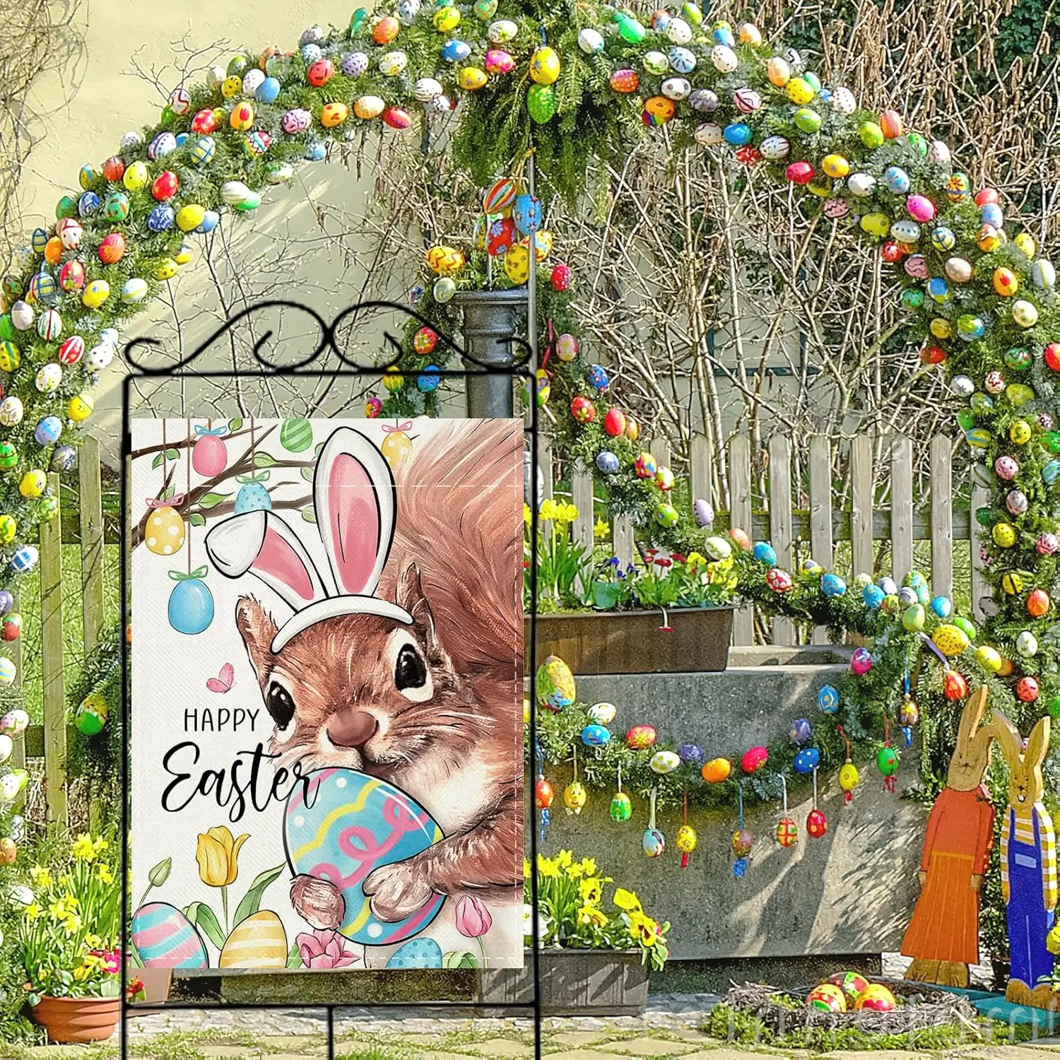 Happy Easter Squirrel Decorative House Flag, Easter Egg Bunny Ears Garden Yard Outside Decoration, Spring Tulip Flower Burla llz
