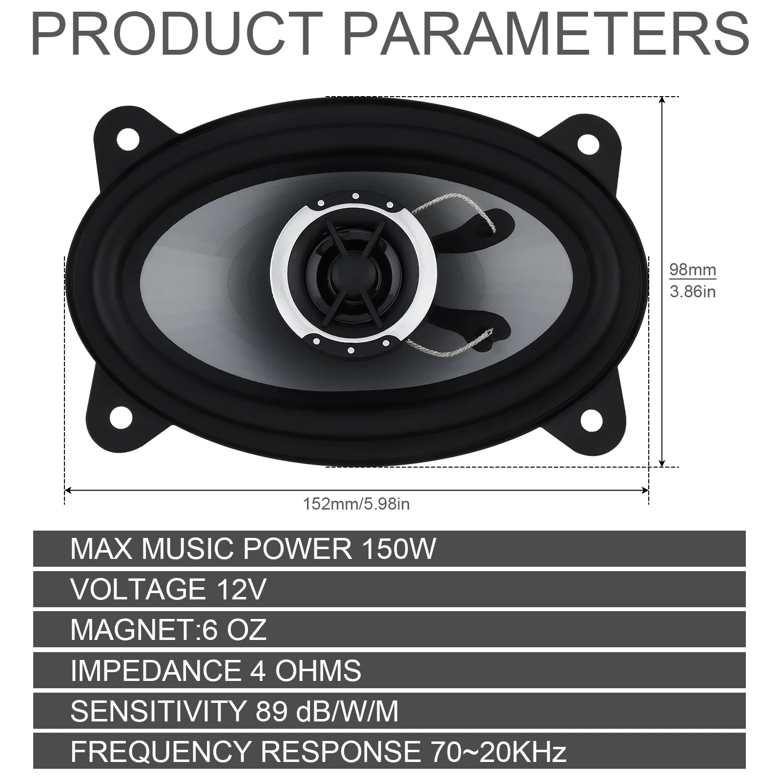 2pcs 4 x 6 Inch 150W Audio Full Range Frequency Car Coaxial Speaker 2 Way Auto Music Stereo Hifi Speakers