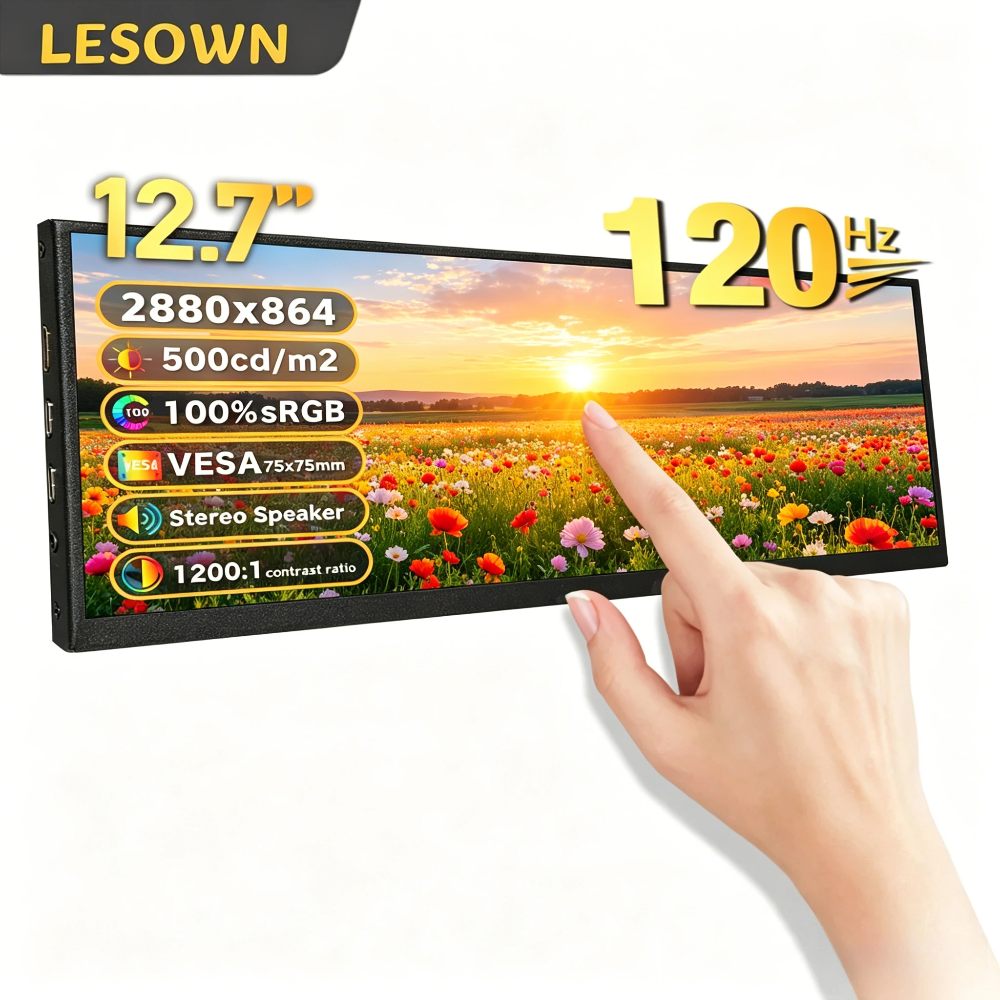 LESOWN Smooth Matte Black Chassis Widget 12.7" 2880p Long Bar Display for Windows PC Custom Theme Performance Gauge VESA