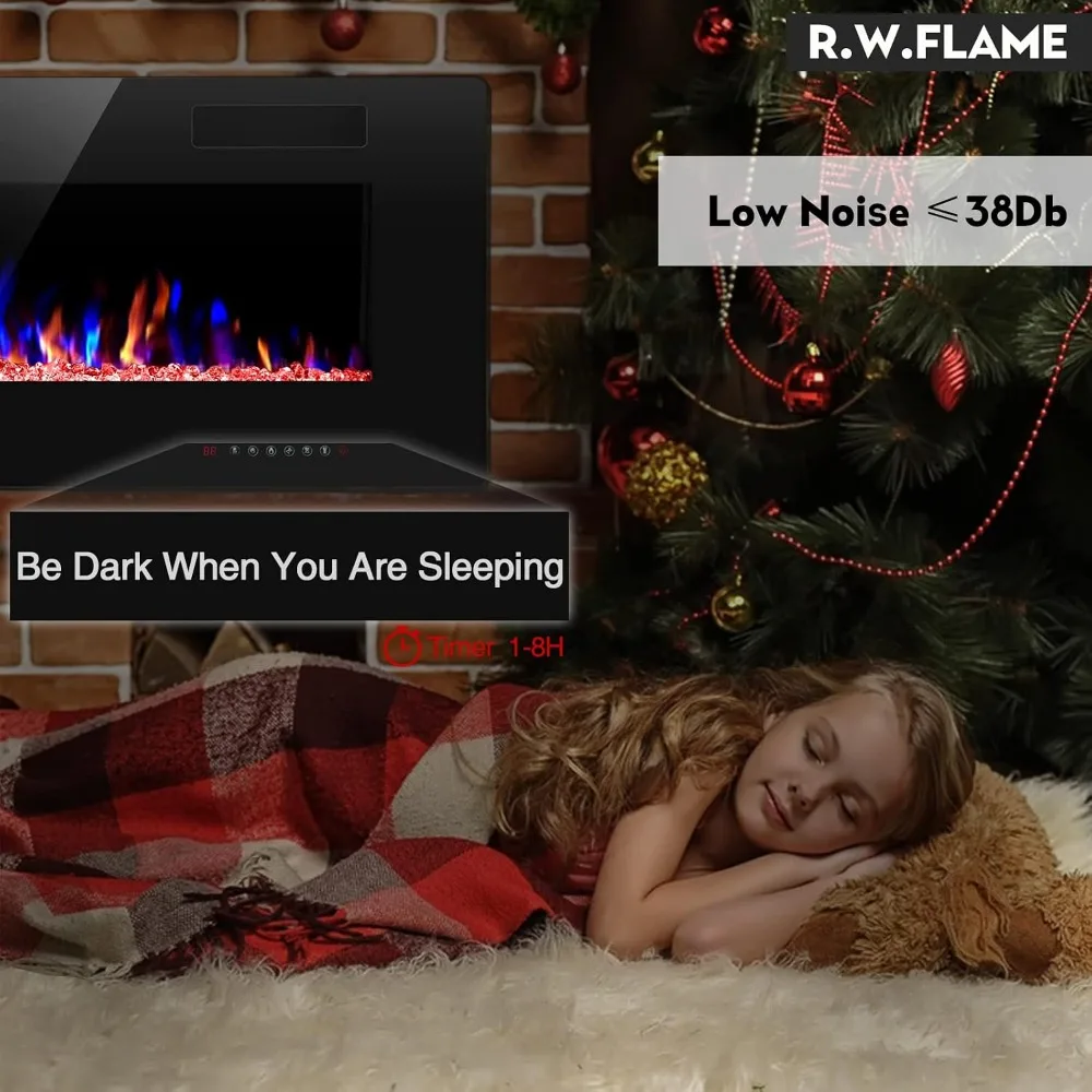 50 inch Electric Fireplace Recessed Wall Mounted Thin Low Noise Fit 2x6 Stud Remote Timer